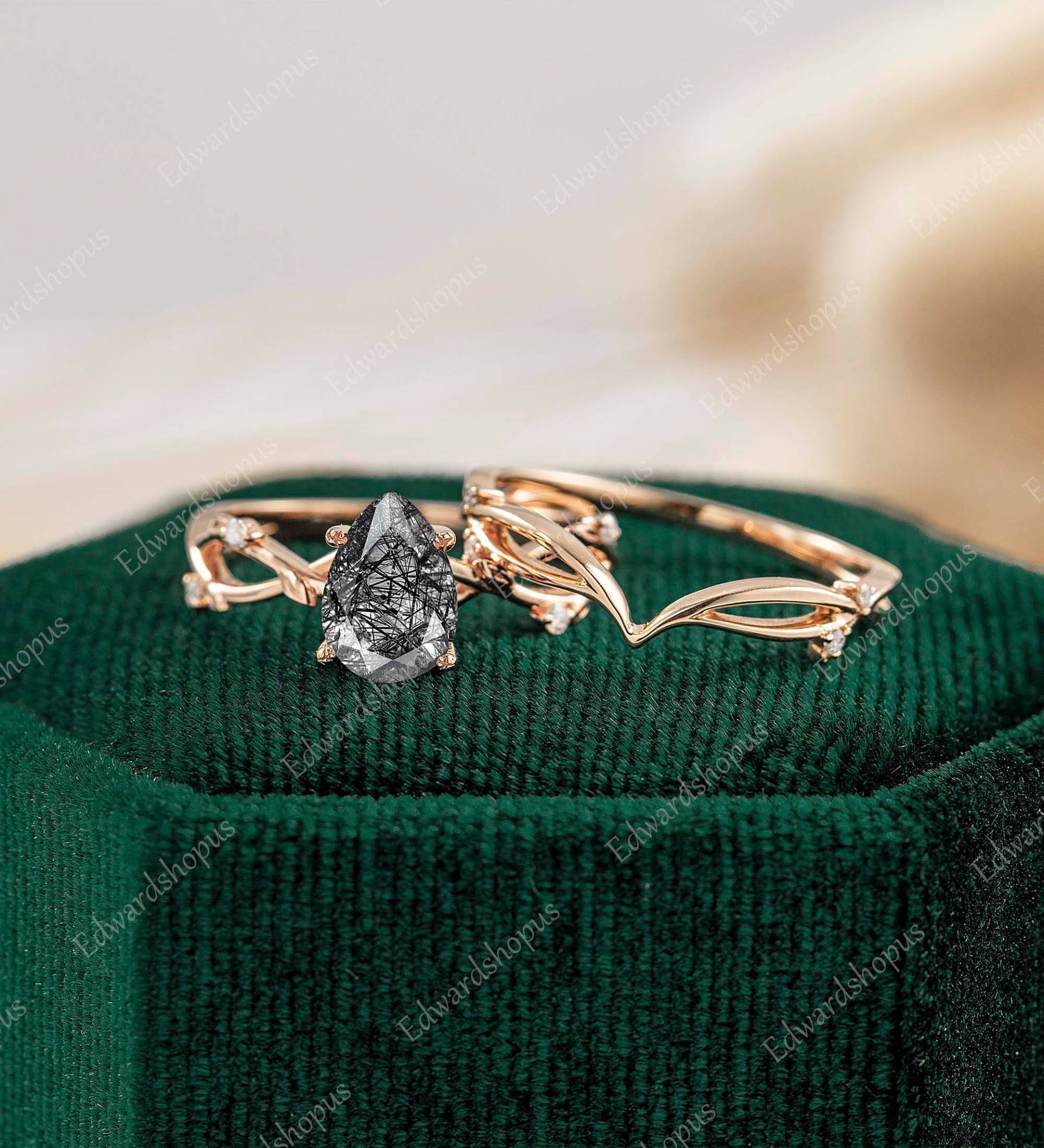 Schwarzer Rutilquarz Verlobungsring Set Einzigartiger Vintage Moissanit Jahrestag Geschenk Sie Diamant Gold Ring von Edwardshopus