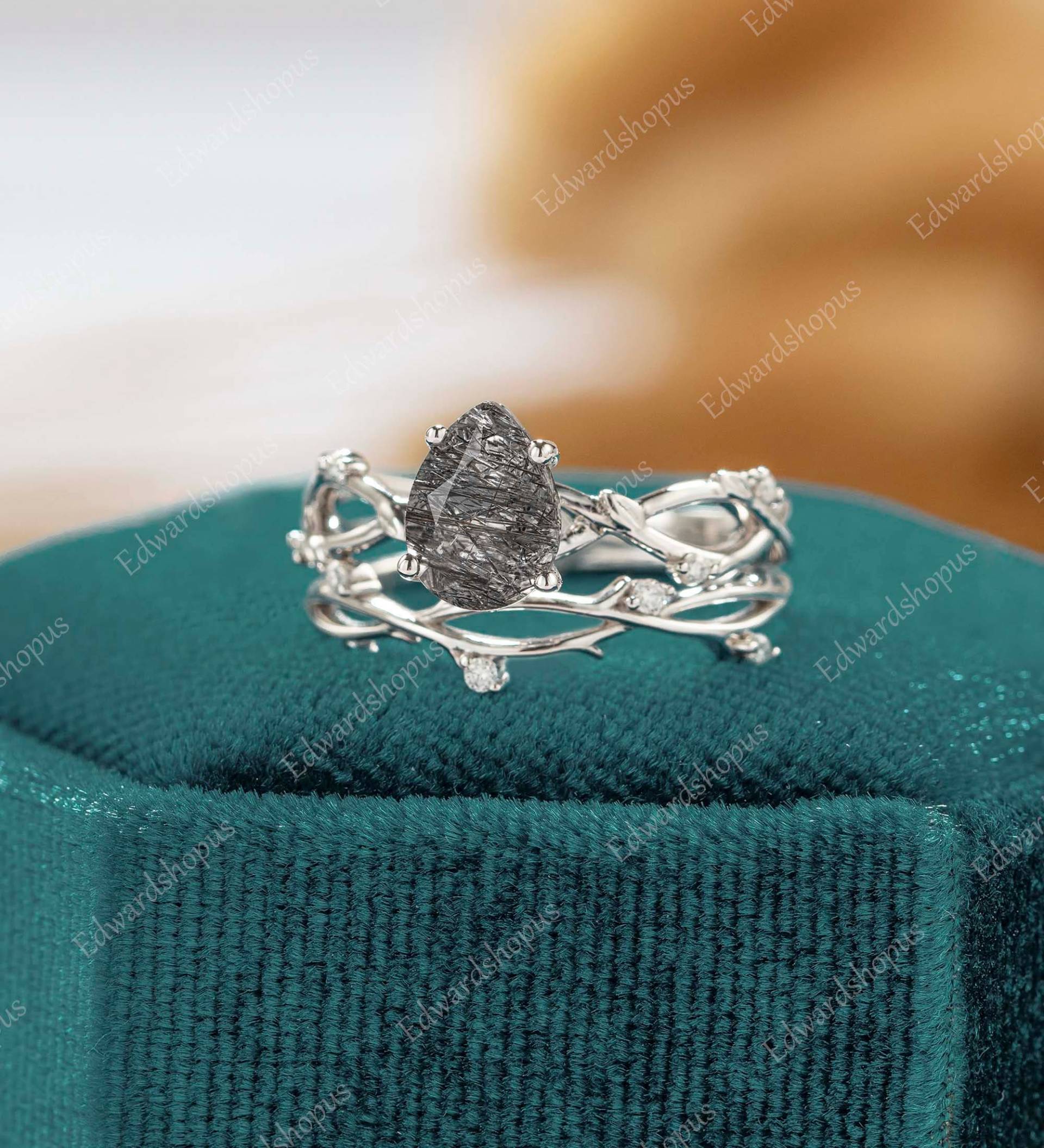 Schwarzer Rutilquarz Verlobungsring Set Unikat Birnenförmiger Diamant Vintage Blatt Weiß Gold Art Deco Für Frauen Jahrestag Geschenk von Edwardshopus