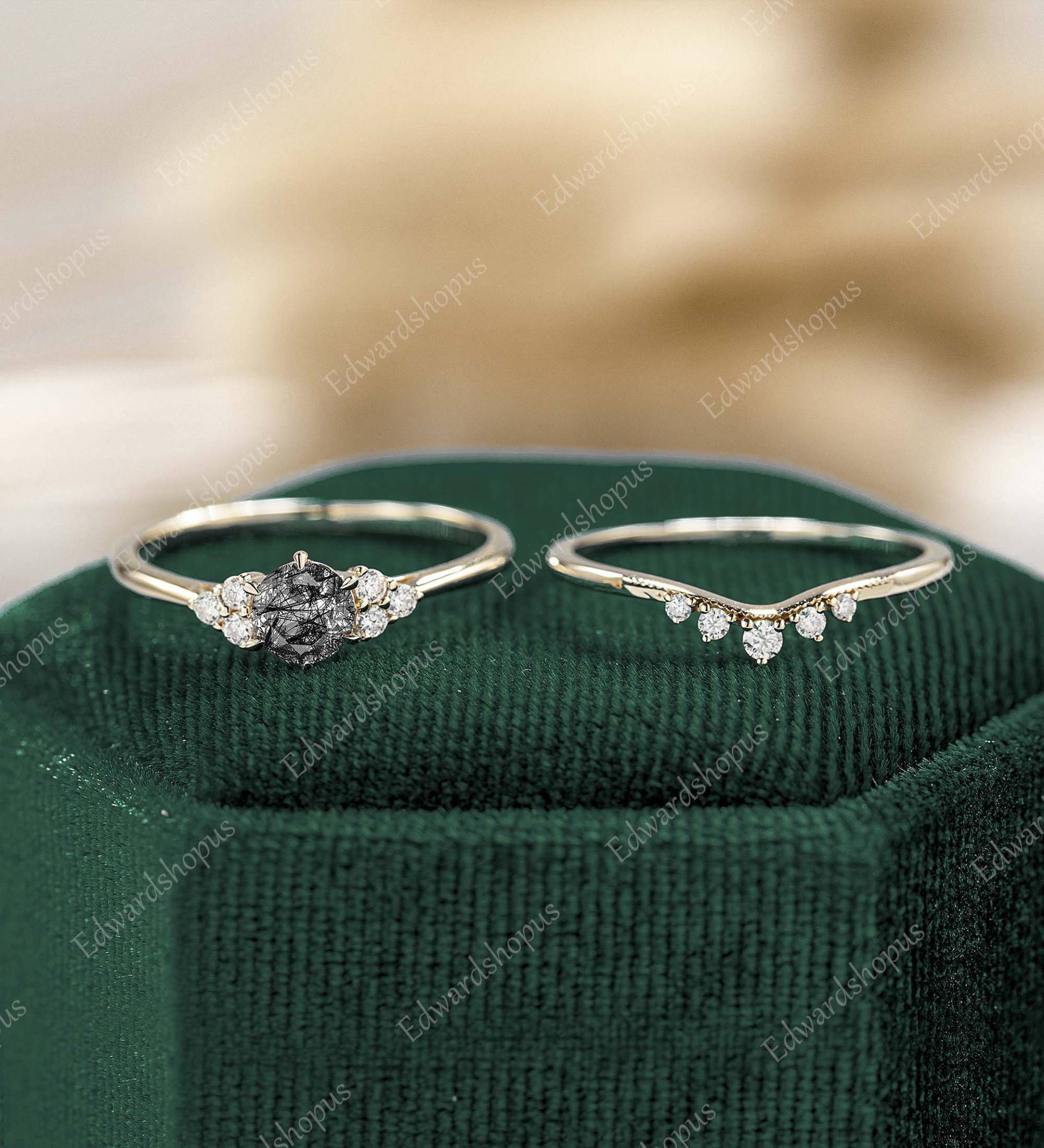 Schwarzer Rutilquarz Verlobungsring Set Vintage Unikat Ring Zierliche Schlichte Weißgold Moissanit Diamant Geschenk Für Sie von Edwardshopus