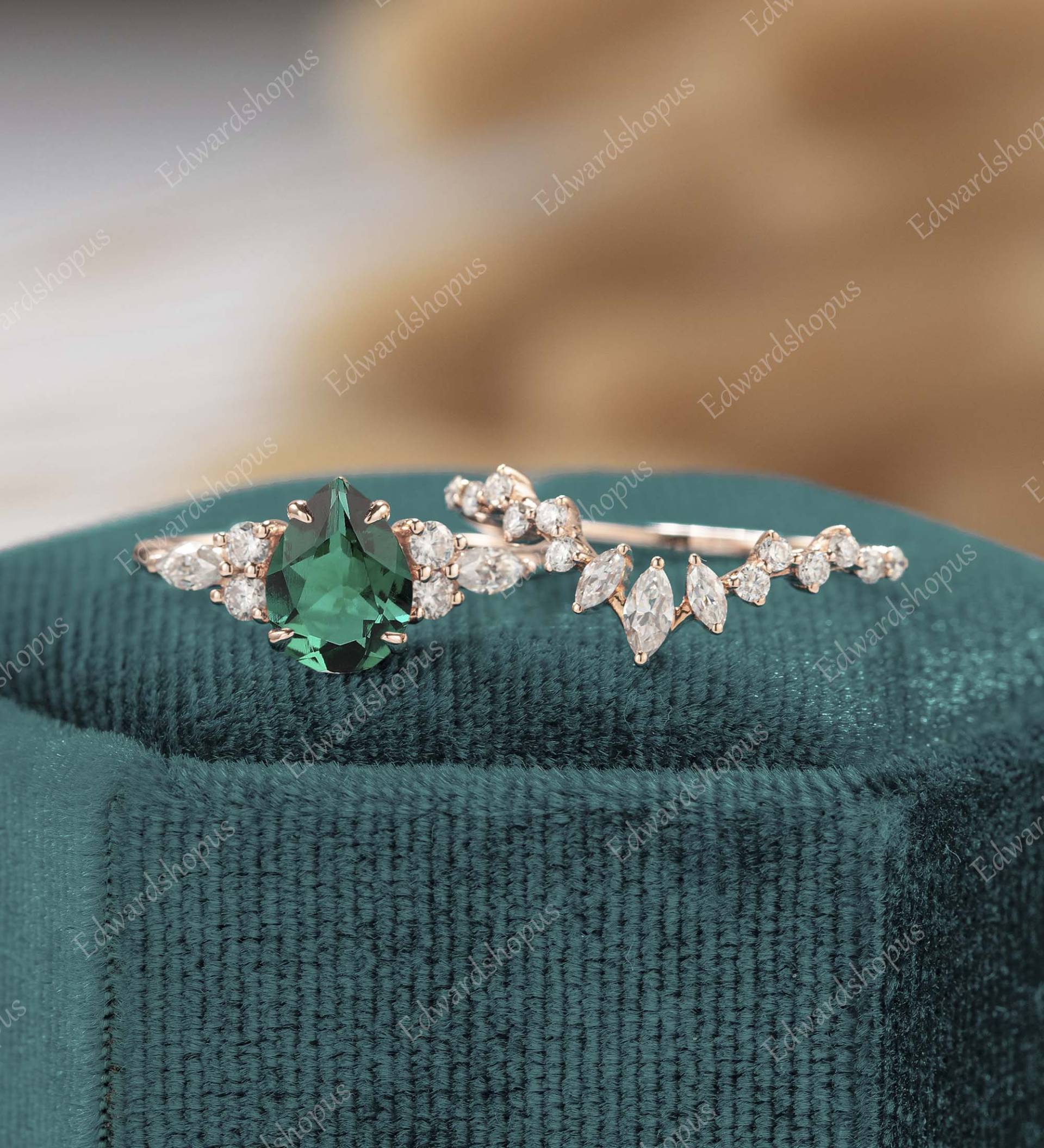 Smaragd Verlobungsring Set Vintage Unikat Jahrestag Geschenk Für Sie Diamant Braut Art Deco Moissanit Goldring Frauen von Edwardshopus