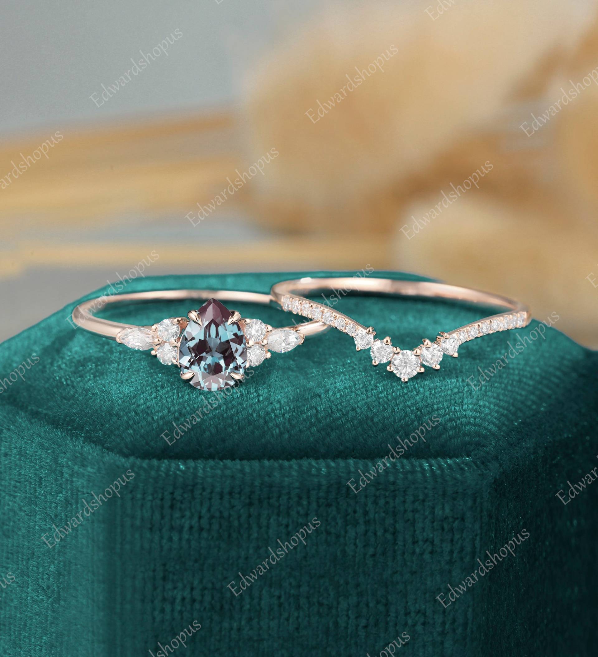 Vintage Alexandrit Verlobungsring Set Pear Shaped Für Frauen Jahrestag Geschenk Sie Moissanit Roségold Ring Diamant Art Deco von Edwardshopus
