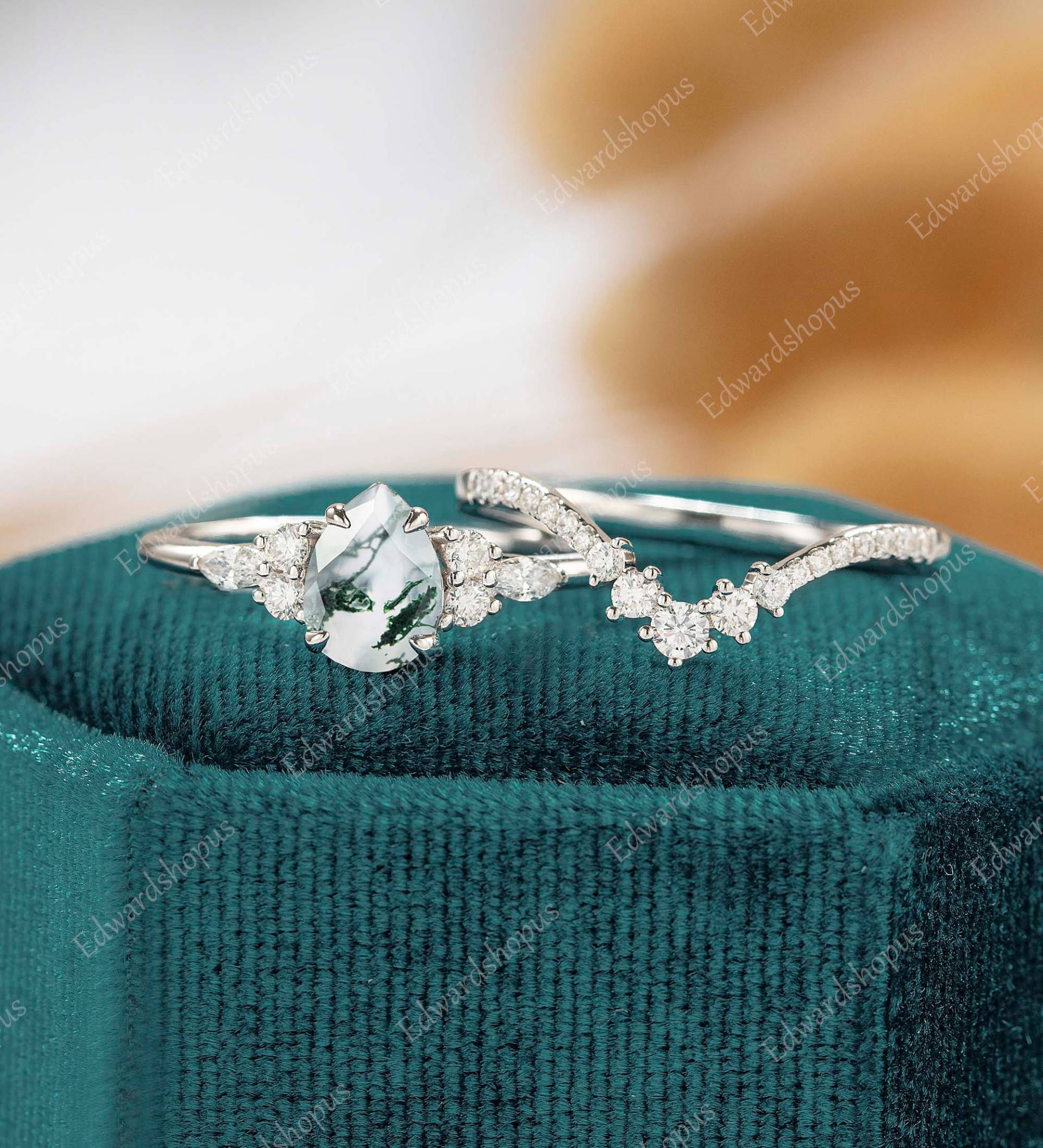 Vintage Einzigartiger Moissanit Achat Verlobungsring Set Pear Shaped For Women Jahrestag Geschenk Für Sie Rose Gold Ring Diamant Art Deco von Edwardshopus