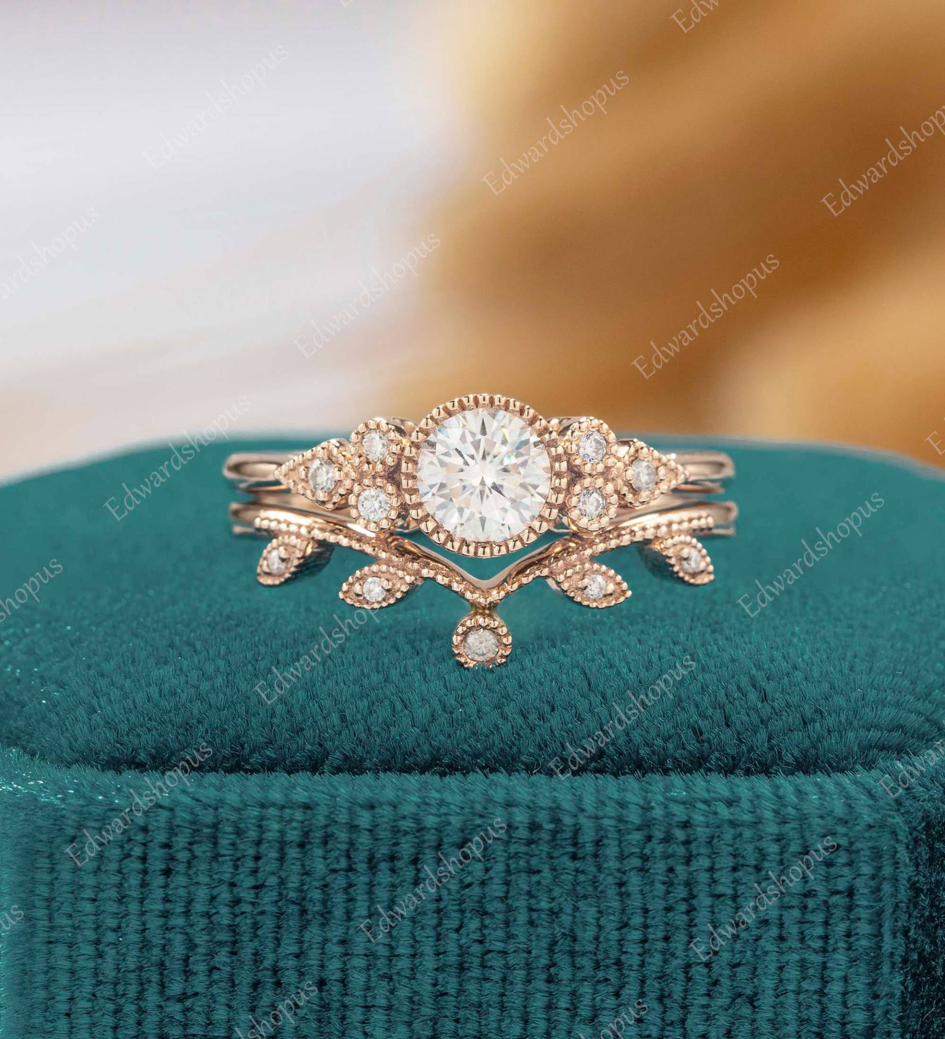 Vintage Moissanit Verlobungsring Set Cluster Roségold Frauen Diamant Hochzeit Braut Set Jubiläum Unikat Art Deco Ring von Edwardshopus