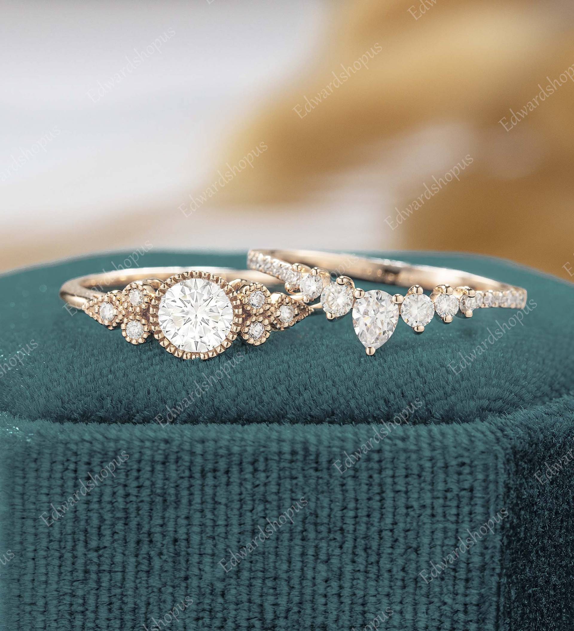 Vintage Moissanit Verlobungsring Set Cluster Roségold Unikat Art Deco Frauen Diamant Ehering Braut Set Jahrestag von Edwardshopus