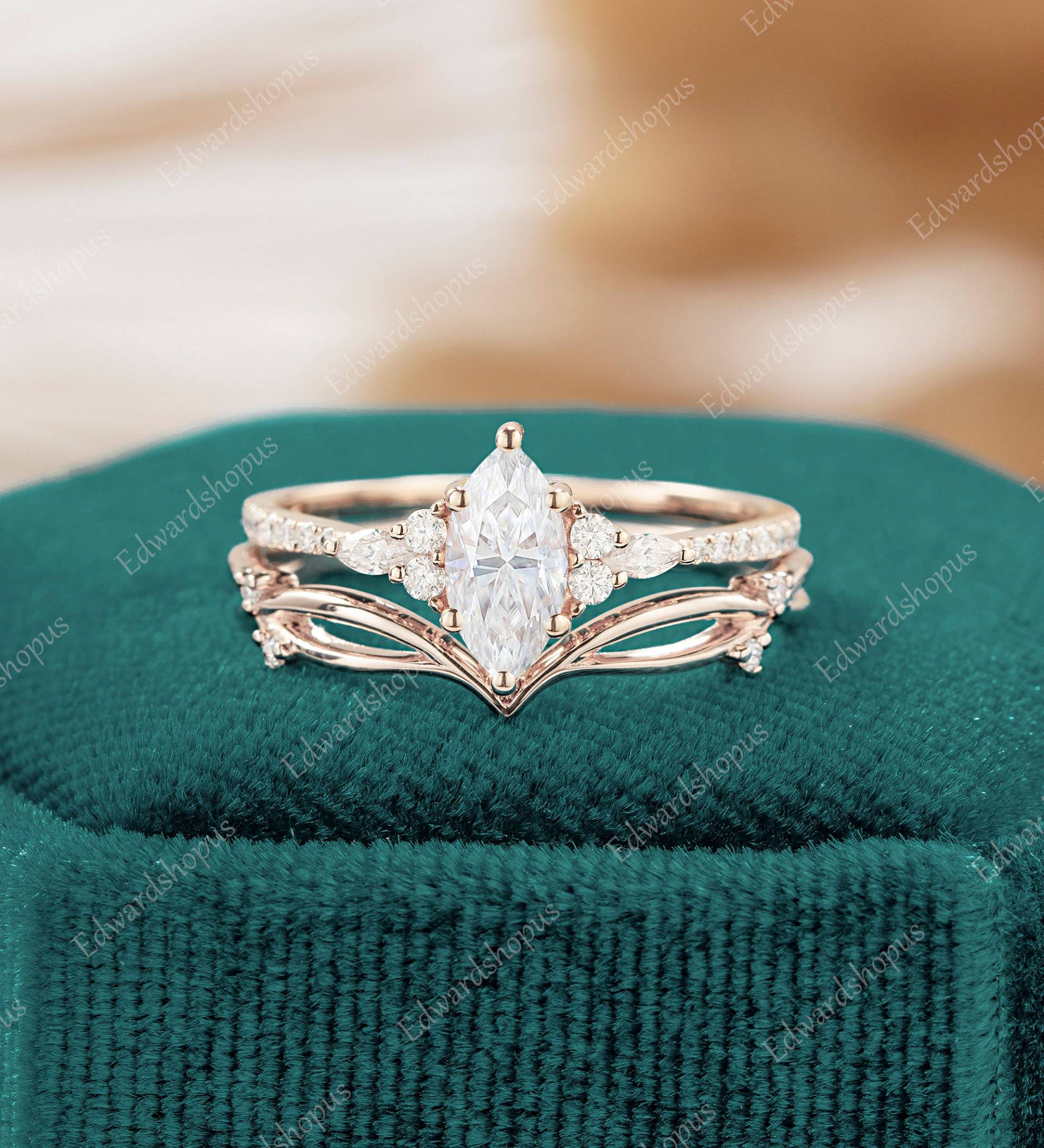 Vintage Moissanit Verlobungsring Set Marquise Cut Vintage Rosegold Frauen Blatt Antik Art Deco Braut Diamant Unikat Halb Ewigkeit Geschenk von Edwardshopus