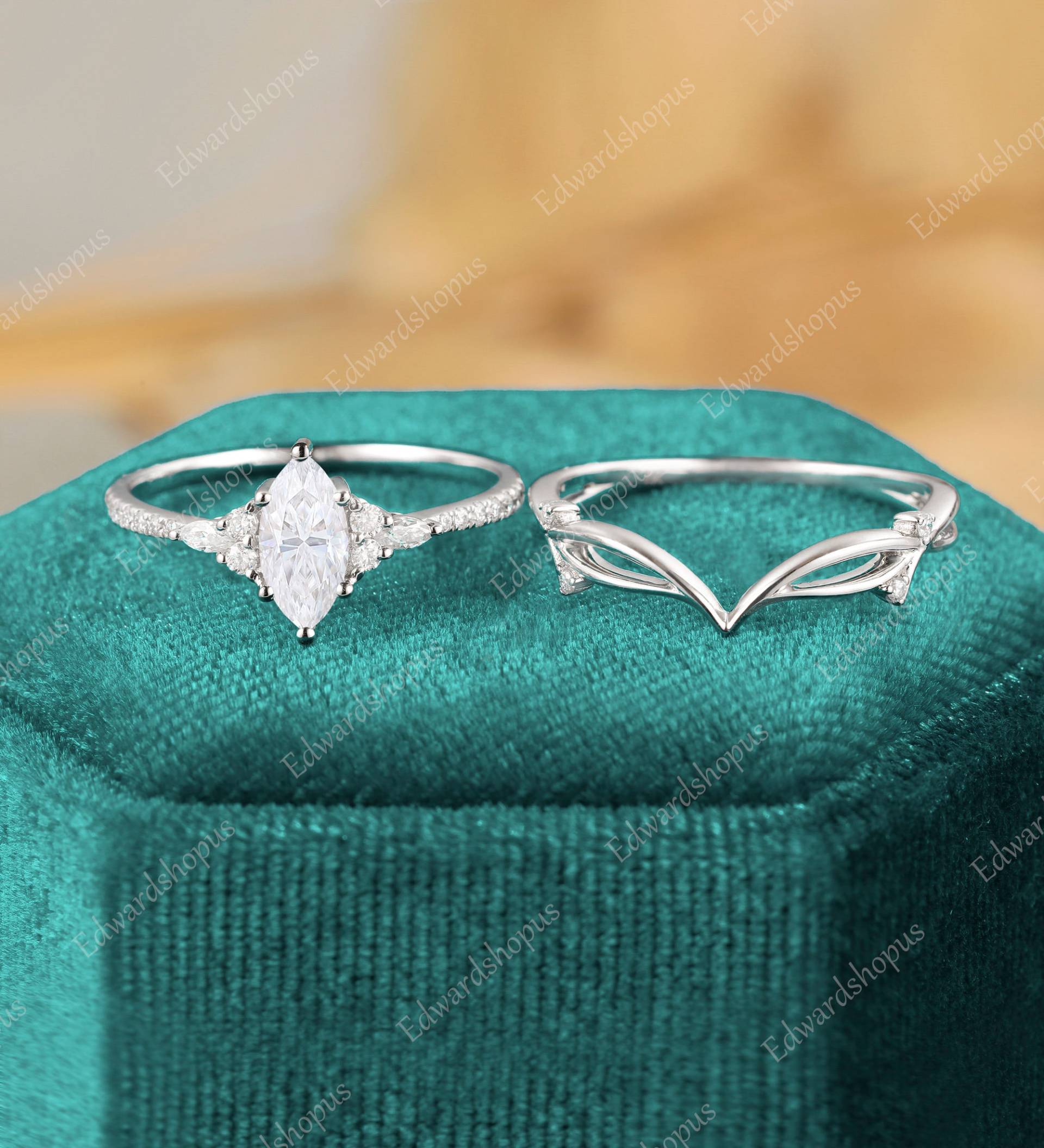 Vintage Moissanit Verlobungsring Set Marquise Cut Vintage Weiß Gold Frauen Blatt Antik Art Deco Bridal Diamant Unikat Geschenk Für Sie von Edwardshopus