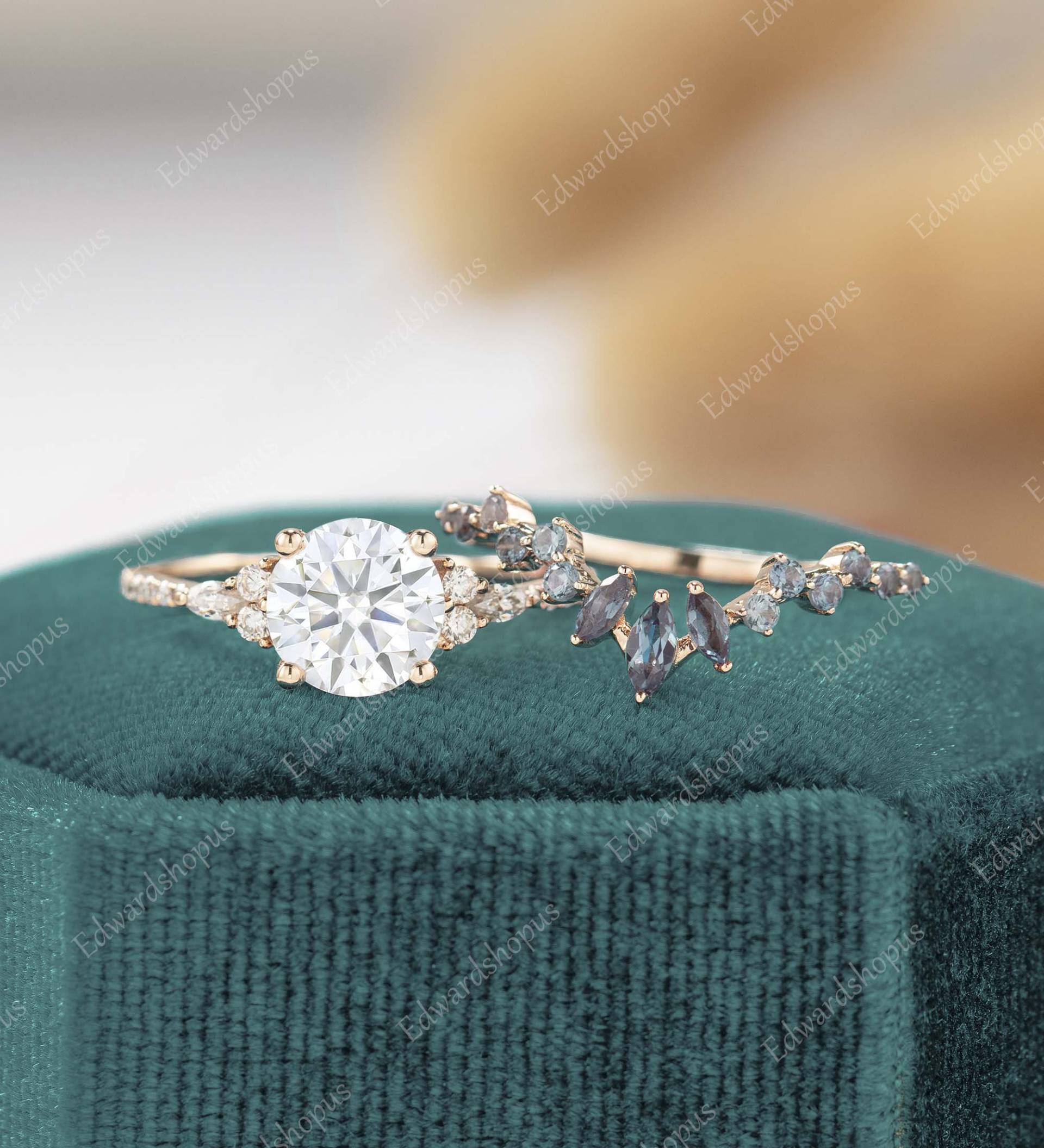 Vintage Moissanit Verlobungsring Set Roségold Marquiseschliff Diamant Damen Alexandrit Braut Unikat Halb Ewigkeit Jahrestag Geschenk von Edwardshopus