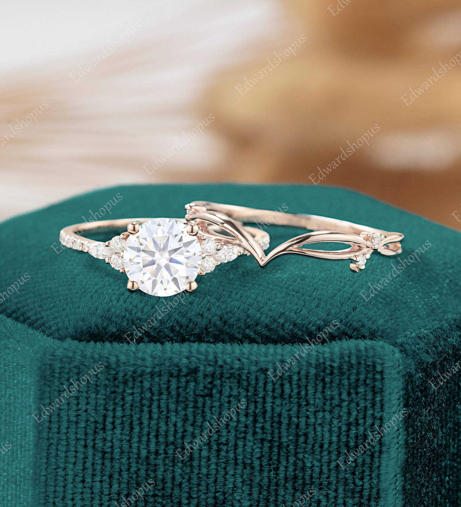 Vintage Moissanit Verlobungsring Set Roségold Marquiseschliff Diamant Frauen Antik Art Deco Braut Unikat Halb Ewigkeit Jahrestag Geschenk von Edwardshopus