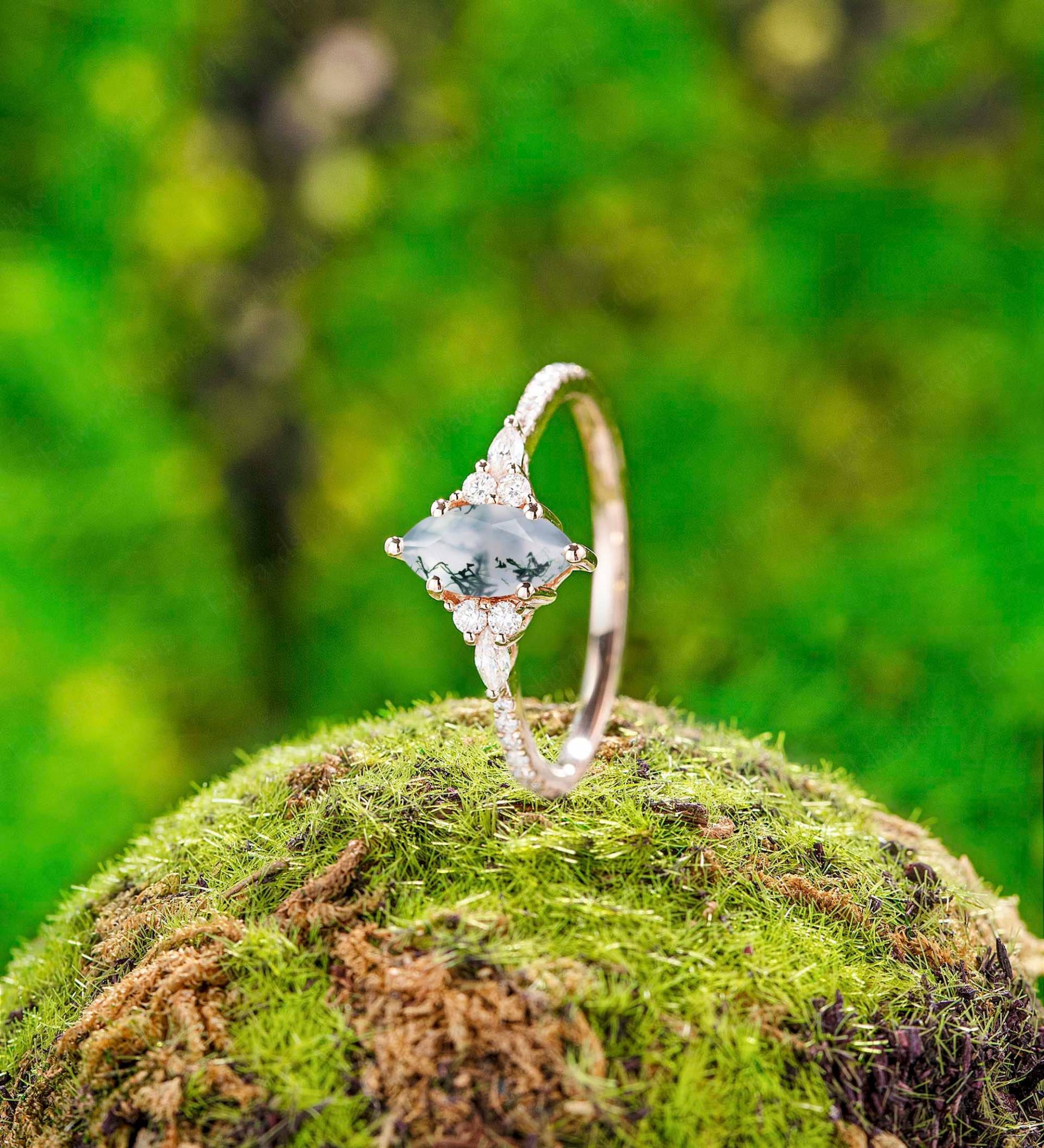 Vintage Verlobungsring Einzigartige Moos Achat Moissanite Für Frauen Jahrestagsgeschenk Ihre Gold Ring Diamant von Edwardshopus