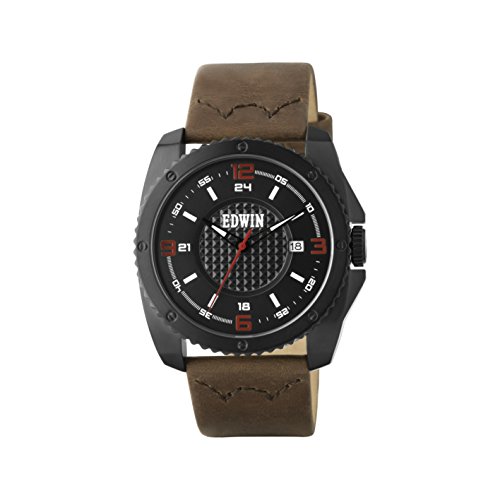 Edwin EMERGE Men's 3 Hand-Date Watch, Black Stainless Steel Case with Brown Leather Band von Edwin