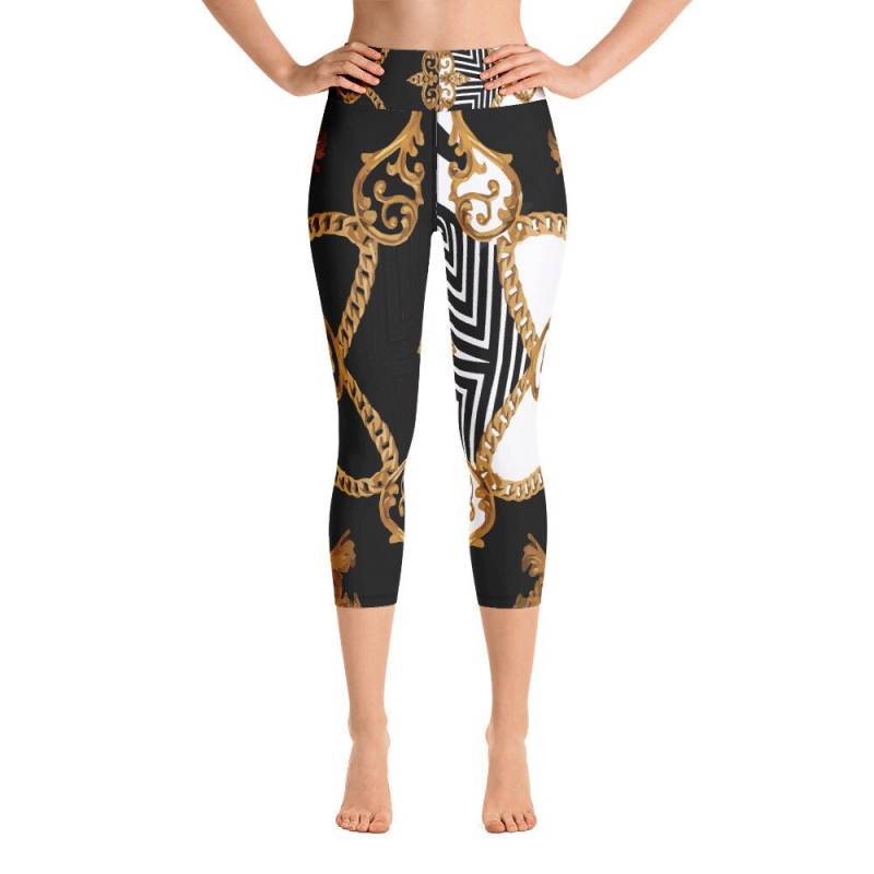Capri Leggings Mit Hoher Taille - Bedruckt Designer Yogahose Fitnessstudio Workout Athletisch Laufen Sport Schwarz Weiß Gold Abstrakt von EdwinVonholyLtd