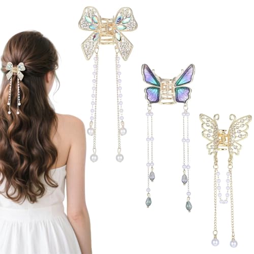 3 Stück Haarklammer Schmetterling,Haarspange Schmetterling,Butterfly Kammmgold Metall Fransen Haarspange,Künstliche Perlen Haarschmuck,Butterfly Hair Clips Flower Claw Clip,Damen Haarschmuck von EeYahYong