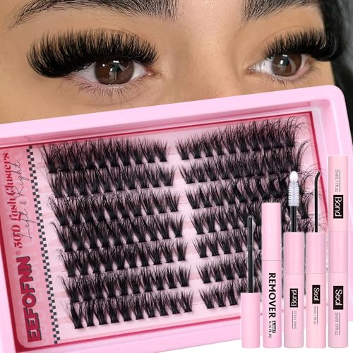 Eefofnn Fluffy Cluster Lashes Kit DIY Lash Extension Kit Wispy Lashes Individual Cluster with Lash Bond and Seal Remover Volume Eyelashes Individual Kit D Curl Individual Eyelashes Kit Cluster Lashes von Eefofnn