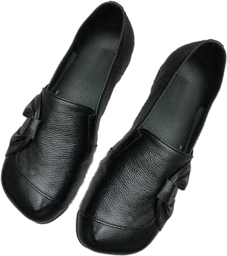 Damen-Lederschuhe mit weicher Sohle, rutschfeste Schuhe, weiche orthopädische Schuhe, weiche Unterseite, flache Schuhe, Slipper, leicht, atmungsaktiv, Rundkopf-Slipper, Schwarz , 39 EU von Eeiiey