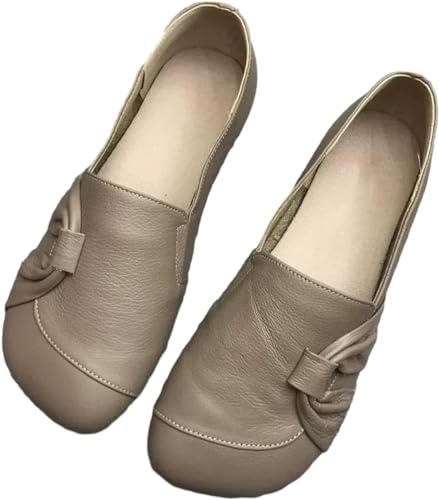 Damen-Lederschuhe mit weicher Sohle, rutschfeste Schuhe, weiche orthopädische Schuhe, weiche Unterseite, flache Schuhe, Slipper, leicht, atmungsaktiv, Rundkopf-Slipper, camel, 39.5 EU von Eeiiey