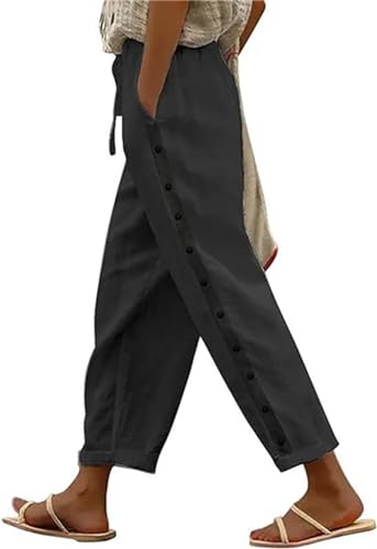 Eeiiey Olzeep Classy Striped Side Pocket Pants,Olzeep Womens Pants,Casual Stripe Print Side Button Up Trendy Pants,Womens Pants Stripe Print Side Button Trendy Casual Pants with Pocket (Black, XL) von Eeiiey