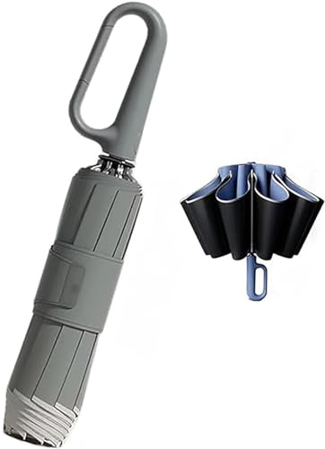 Eeiiey Ring Buckle Umbrella, Fully Automatic Umbrella mit Reflektiver Sicherheitsleiste, Winddicht, Reversibel, Tragbar, Grau von Eeiiey