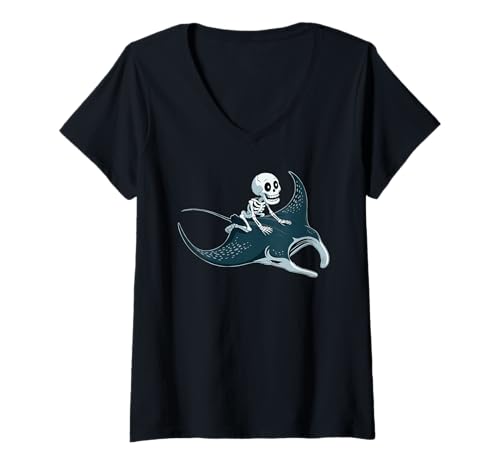 Damen Gruseliges Manta Ray Skelett Halloween T-Shirt mit V-Ausschnitt Damen Gruseliges Manta Ray Skelett Halloween T-Shirt mit V-Ausschnitt von Eeire Mantas Mobula Mantaray