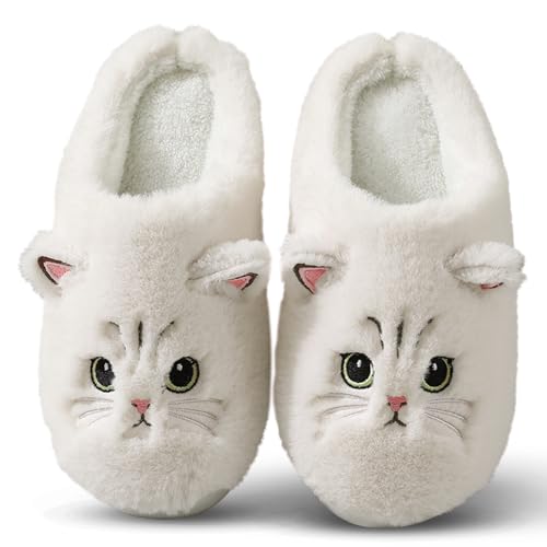 Eekisuf Katze Plüsch Hausschuhe Damen Winter, Flauschige Pantoffeln Damen Winter, Warme Hausschuhe Damen Kuschelige Interessant, (174#White,37-38) von Eekisuf