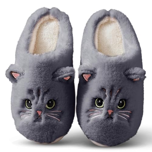 Eekisuf Katze Plüsch Hausschuhe Damen Winter, Flauschige Pantoffeln Damen Winter, Warme Hausschuhe Damen Kuschelige Interessant, (174#grey,41-42) von Eekisuf