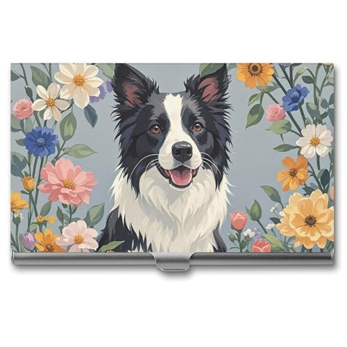 Eekstdbn Border Collie Visitenkartenetui mit Blumenmuster, für Damen oder Herren, Schnappverschluss, tragbar, Namenshalter, Kreditkartenetui für Geschäftstreffen von Eekstdbn