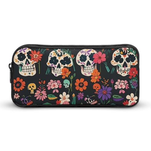 Eekstdbn Day of the Dead Federmäppchen mit floralem Totenkopf-Muster, für Büro, Schreibwaren, Organizer, einfacher stabiler Reißverschluss, tragbar, für Büro, Reisen, Mehrzwecktasche von Eekstdbn