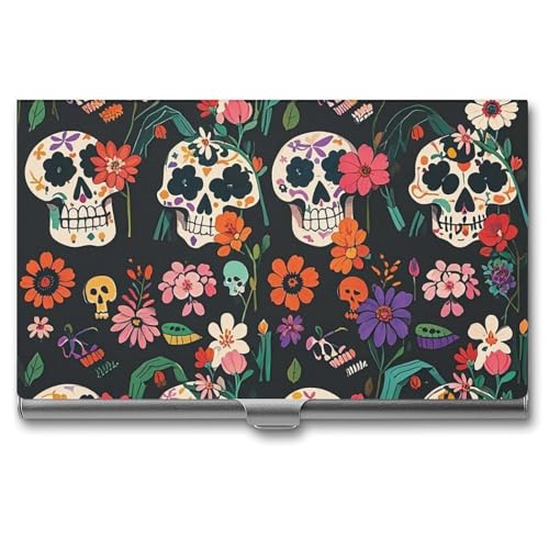 Eekstdbn Day of the Dead Visitenkartenetui mit floralem Totenkopf-Muster, für Damen oder Herren, Schnappverschluss, tragbar, Namenshalter, Kreditkartenetui für Geschäftstreffen von Eekstdbn