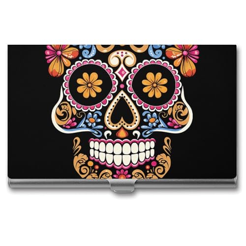 Eekstdbn Handgezeichneter Totenkopf-Visitenkartenetui für Damen oder Herren, mit Schnappverschluss, tragbarer Namenshalter, Kreditkartenhalter für Geschäftstreffen von Eekstdbn