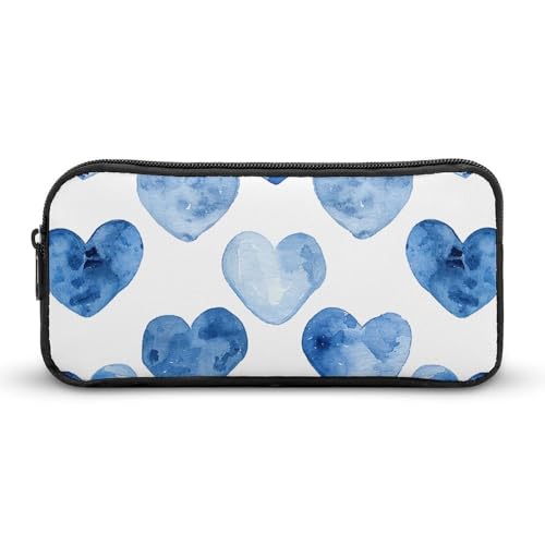 Eekstdbn Handgezeichnetes blaues Herz-Federmäppchen, Bürobedarf-Organizer, einfacher stabiler Reißverschluss, tragbare Bleistifttasche, Büro, Reisen, Mehrzwecktasche von Eekstdbn