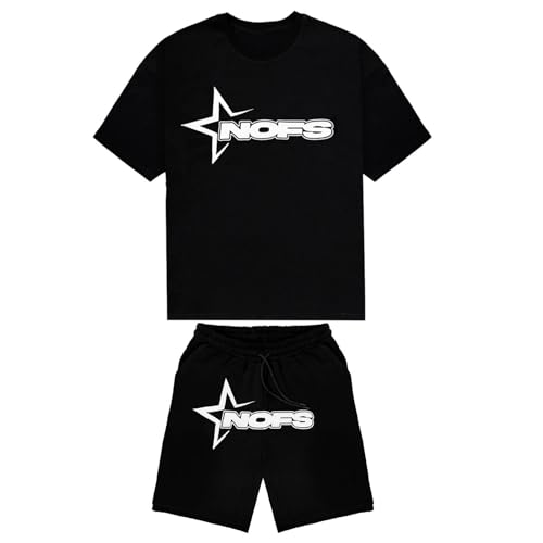 Eelogoo NOFS Kurzarm Shorts Anzug, Übergroße T-Shirts für Männer mit Buchstabendruck, Y2K Hip Hop Street Sport Shorts Set, T Shirt Shorts mit Buchstaben Print für den Sommer von Eelogoo