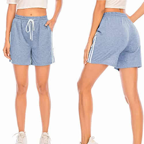 Kurze Damenhose, Sporthose mit weißem Band, Fitness, Jogging, Fitnessstudio, Yoga, Hose, Pyjama, Indoor, lässig, dehnbar, bequem, Blau+Blau*Kurz, XX-Large von Eennjjooyy