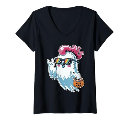 Damen Gruseliger Wellensittich Skelett Wellensittich Halloween T-Shirt mit V-Ausschnitt Damen Gruseliger Wellensittich Skelett Wellensittich Halloween T-Shirt mit V-Ausschnitt von Eerie Budgie Spook