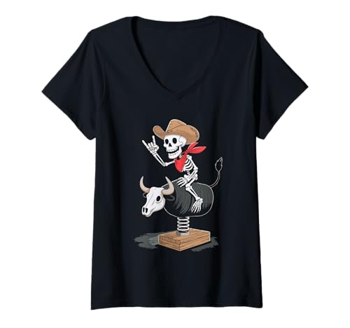 Damen Bull Riding Spring Rocker Mechanisches Training Bull Cowboy T-Shirt mit V-Ausschnitt Damen Bull Riding Spring Rocker Mechanisches Training Bull Cowboy T-Shirt mit V-Ausschnitt von Eerie Bull Rider Skeleton Halloween for KIds