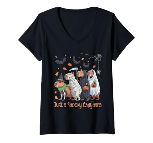 Damen Gruseliges Capybara Halloween T-Shirt mit V-Ausschnitt Damen Gruseliges Capybara Halloween T-Shirt mit V-Ausschnitt von Eerie Capy Spook for Kids