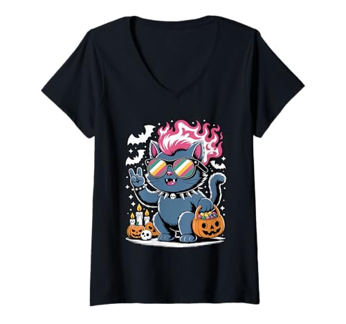 Damen Punk-Katze, Halloween T-Shirt mit V-Ausschnitt Damen Punk-Katze, Halloween T-Shirt mit V-Ausschnitt von Eerie Cats Spook for little Punk Rocker