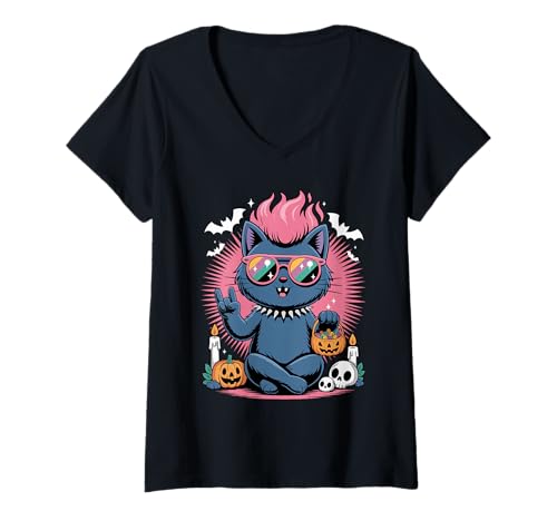 Damen Punk-Katze, Halloween T-Shirt mit V-Ausschnitt Damen Punk-Katze, Halloween T-Shirt mit V-Ausschnitt von Eerie Cats Spook for little Punk Rocker