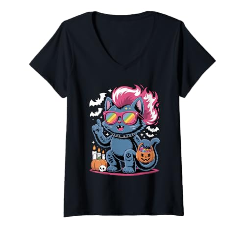Damen Punk-Katze, Halloween T-Shirt mit V-Ausschnitt Damen Punk-Katze, Halloween T-Shirt mit V-Ausschnitt von Eerie Cats Spook for little Punk Rocker