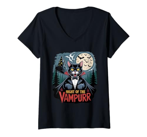 Damen Katze Vampir Nacht der Vampurr Halloween Spook T-Shirt mit V-Ausschnitt von Eerie Cats Spook