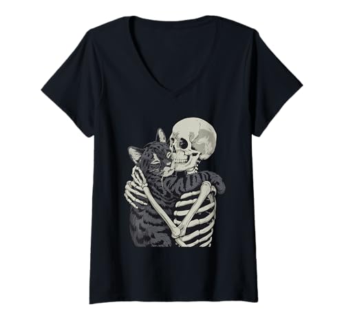 Damen Schwarze Katze umarmt Skelett Halloween T-Shirt mit V-Ausschnitt von Eerie Cats Spook
