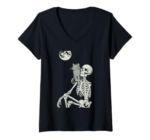 Damen Katzenskelett Halloween T-Shirt mit V-Ausschnitt Damen Katzenskelett Halloween T-Shirt mit V-Ausschnitt von Eerie Cats admiring Moon Spook