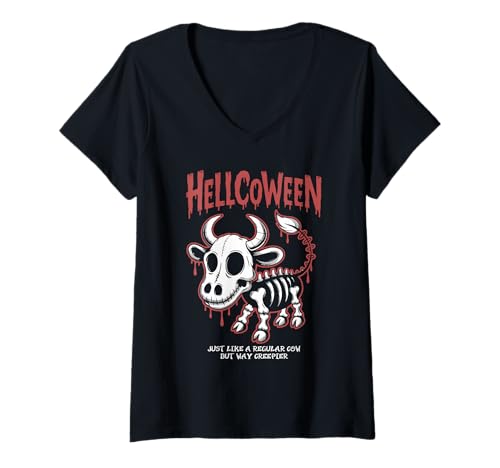 Damen Gruseliges Kuh-Skelett Hellcoween Halloween T-Shirt mit V-Ausschnitt Damen Gruseliges Kuh-Skelett Hellcoween Halloween T-Shirt mit V-Ausschnitt von Eerie Cattle Spook