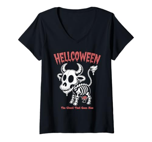 Damen Gruseliges Kuh-Skelett Hellcoween Halloween T-Shirt mit V-Ausschnitt Damen Gruseliges Kuh-Skelett Hellcoween Halloween T-Shirt mit V-Ausschnitt von Eerie Cattle Spook