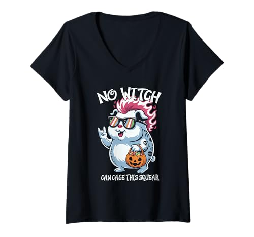 Damen Gruseliges Meerschweinchen Punk Rocker Halloween T-Shirt mit V-Ausschnitt Damen Gruseliges Meerschweinchen Punk Rocker Halloween T-Shirt mit V-Ausschnitt von Eerie Cavy Punk Rock No witch can cage this squeak
