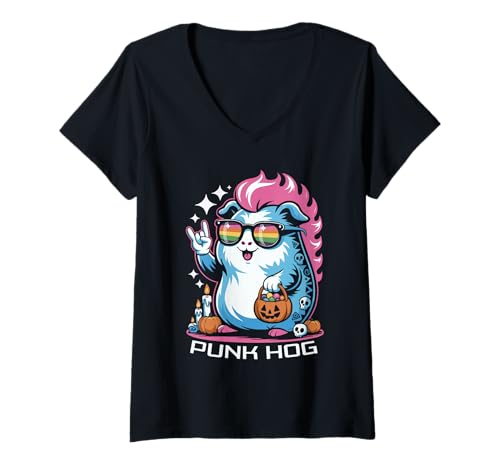 Damen Gruseliges Meerschweinchen Punk Rocker Ghost Halloween T-Shirt mit V-Ausschnitt Damen Gruseliges Meerschweinchen Punk Rocker Ghost Halloween T-Shirt mit V-Ausschnitt von Eerie Cavy Punk Rock Spook Punk Hog
