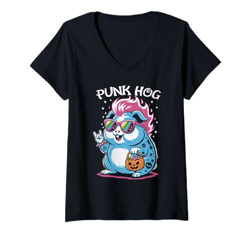 Damen Gruseliges Meerschweinchen Punk Rocker Ghost Halloween T-Shirt mit V-Ausschnitt Damen Gruseliges Meerschweinchen Punk Rocker Ghost Halloween T-Shirt mit V-Ausschnitt von Eerie Cavy Punk Rock Spook Punk Hog