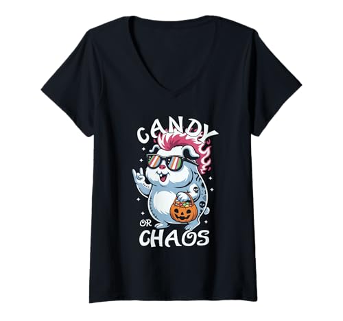 Damen Gruseliges Meerschweinchen Punk Rocker Candy oder Chaos Halloween T-Shirt mit V-Ausschnitt Damen Gruseliges Meerschweinchen Punk Rocker Candy oder Chaos Halloween T-Shirt mit V-Ausschnitt von Eerie Cavy Punk Rock Spook