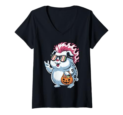 Damen Gruseliges Meerschweinchen Punk Rocker Ghost Halloween T-Shirt mit V-Ausschnitt Damen Gruseliges Meerschweinchen Punk Rocker Ghost Halloween T-Shirt mit V-Ausschnitt von Eerie Cavy Punk Rock Spook