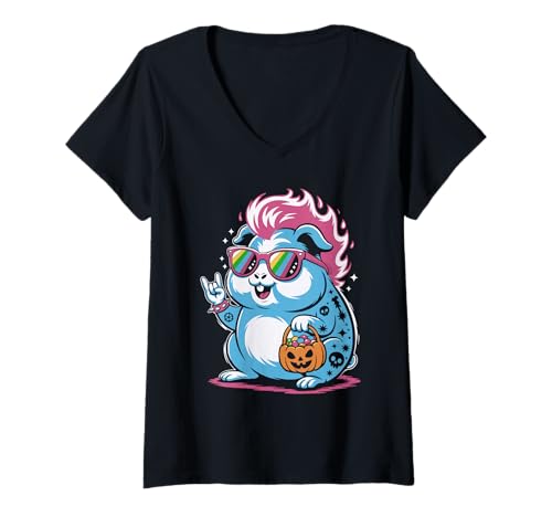 Damen Gruseliges Meerschweinchen Punk Rocker Ghost Halloween T-Shirt mit V-Ausschnitt Damen Gruseliges Meerschweinchen Punk Rocker Ghost Halloween T-Shirt mit V-Ausschnitt von Eerie Cavy Punk Rock Spook