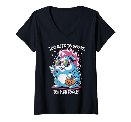 Damen Gruseliges Meerschweinchen Punk Rocker Ghost Halloween T-Shirt mit V-Ausschnitt Damen Gruseliges Meerschweinchen Punk Rocker Ghost Halloween T-Shirt mit V-Ausschnitt von Eerie Cavy Punk Rock Spook