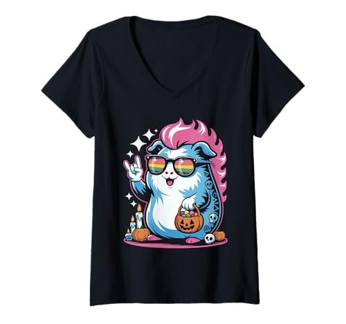 Damen Gruseliges Meerschweinchen Punk Rocker Schädel Geist Halloween T-Shirt mit V-Ausschnitt Damen Gruseliges Meerschweinchen Punk Rocker Schädel Geist Halloween T-Shirt mit V-Ausschnitt von Eerie Cavy Punk Rock Spook